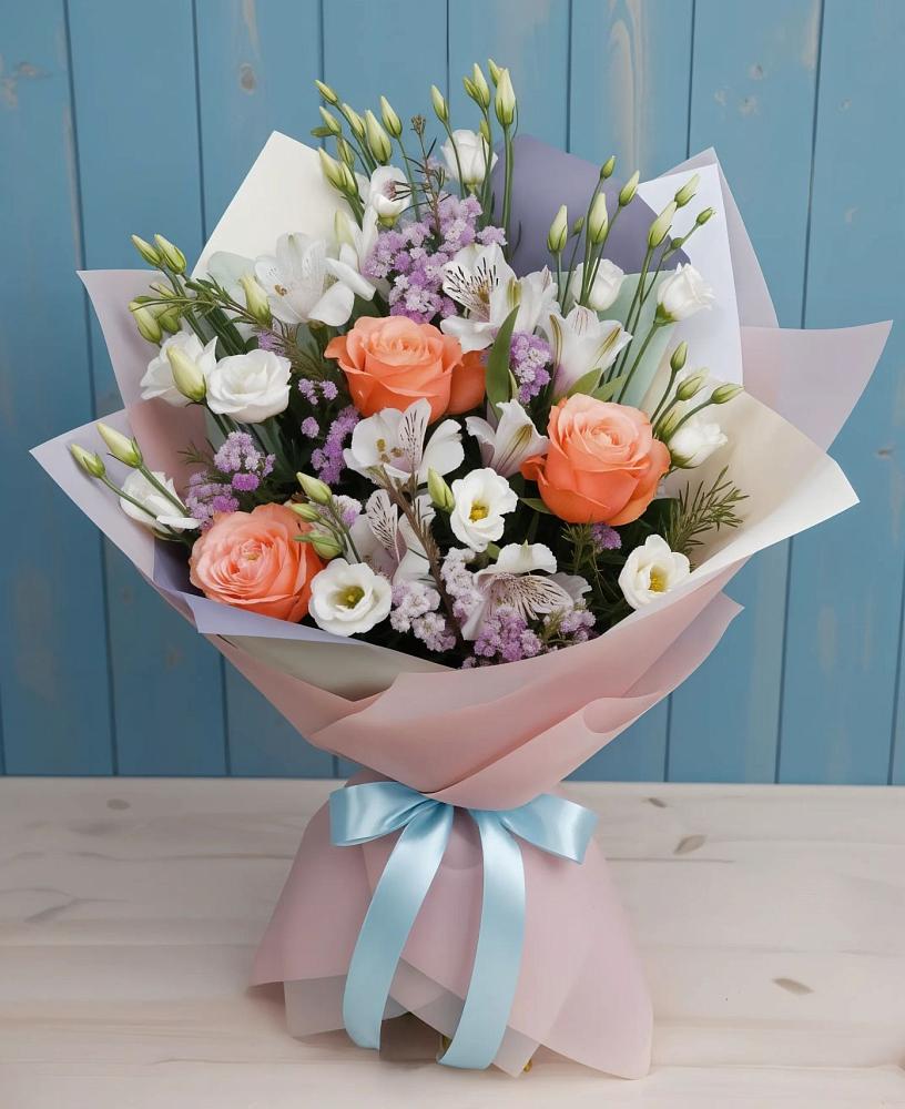 Букет цветов из: Лизиантусы, Розы, Альстромерии и Гипсофила в Тюкалинске